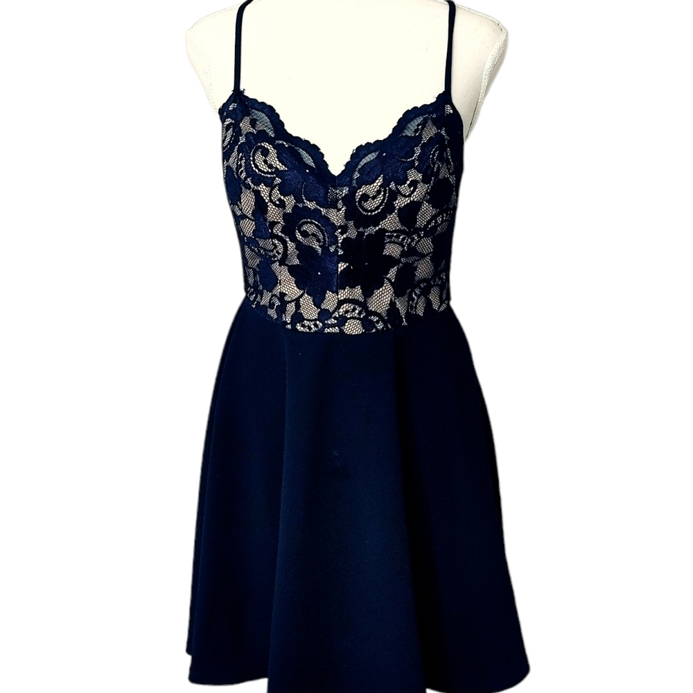 My Michelle Navy Blue Lace Bodice Spaghetti Strap Flared Mini Dress Size Small